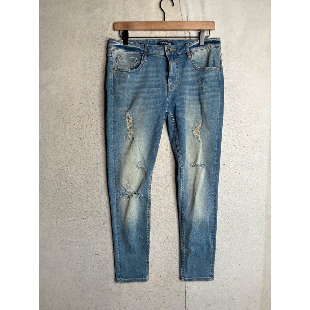 Vigoss Classic Fit Distressed Light Wash Skinny Jeans W29 L27 Blue Denim